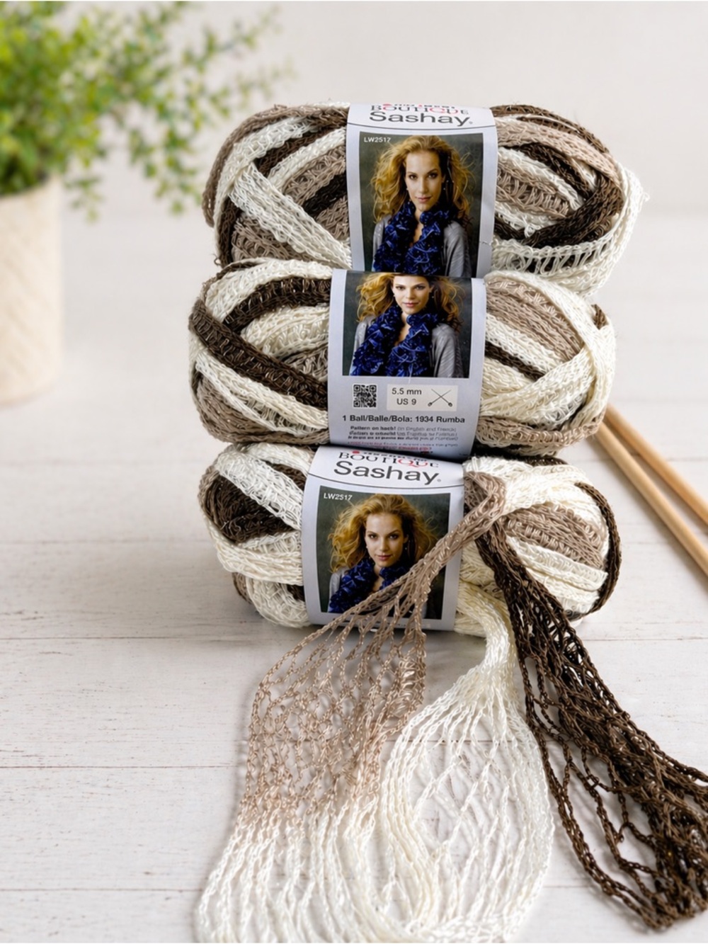 Red Heart Sashay Yarn Lot of 3 Shuffle Neutral Ruffle Scarf Yarn